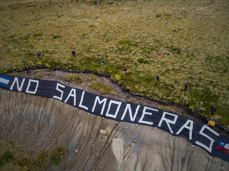 Cartel con la leyenda "No a las salmoneras"